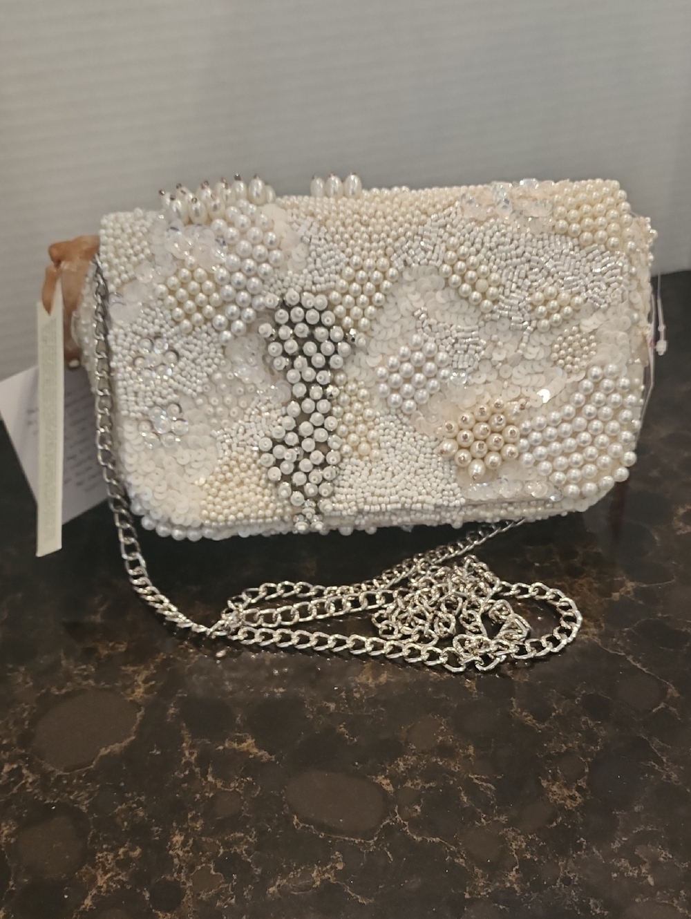 Pearl-Embellished Clutch Bag - White with Chain Strap